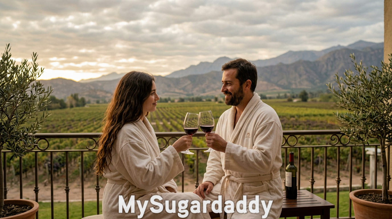 Pareja en batas brindando con vino tinto en una terraza con vista a viñedos chilenos