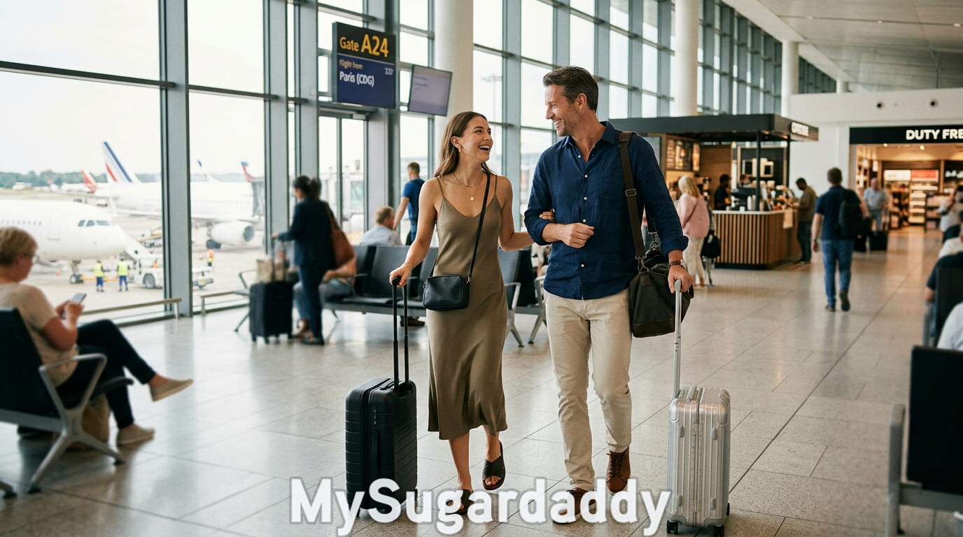 Pareja sugar llegando al aeropuerto para su primer viaje juntos