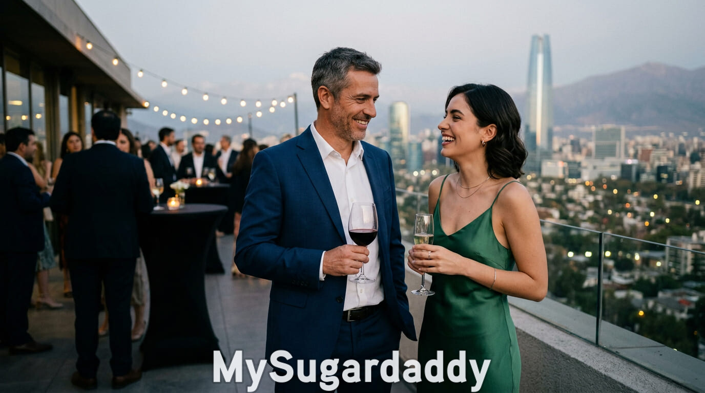 Mujer conociendo a un hombre rico en evento de networking en Santiago de Chile